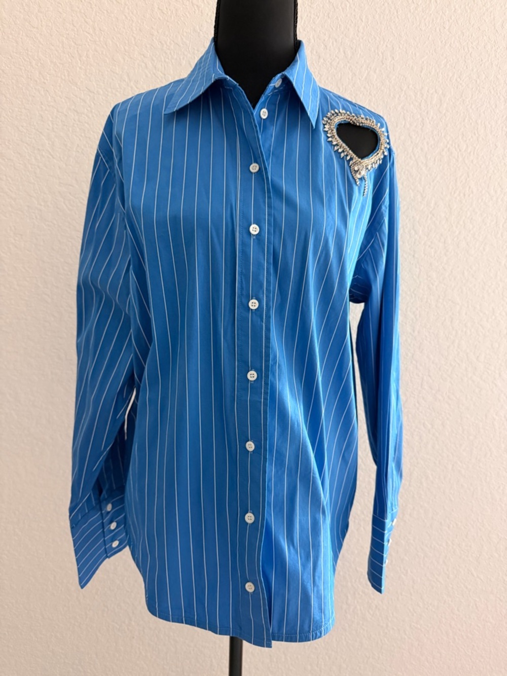 Sandro Striped Cotton Shirt | Rhinestone Heart Cutout Shoulder Designer Blouse - Picture 5 of 8